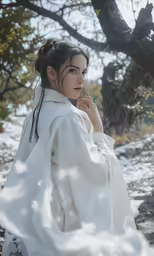 the woman in a white costume is standing in the snow