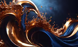 the top side of an abstract object on a dark background,a painting of a very complex shape with gold and blue swirled material