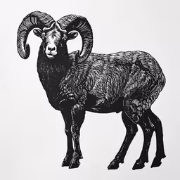 a sheep standing on top of a white field,a black and white drawing of a ram on a white paper