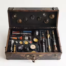 a set of old fashioned metal items inside an open case