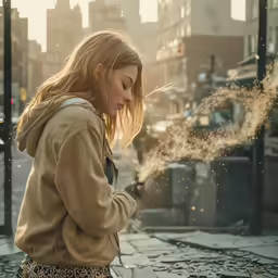 woman on cell phone on the sidewalk in a city