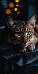 a cat resting on a chair in front of a blurred light