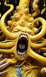 two fingers pointing towards a yellow creature with long horns