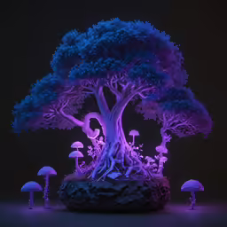 the 3d image shows several trees and mushrooms in purple lights