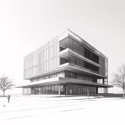 a drawing of a building on a snowy day