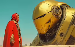 a man in red cape standing next to a big robot