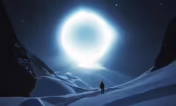 an image of a man standing in the snow with a huge disk in the sky over him