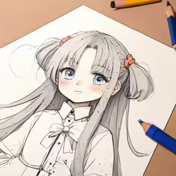 this is an anime drawing of a girl with long hair wearing a bow