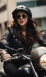 a woman is sitting on her motorcycle wearing a helmet
