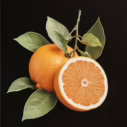 a pair of oranges hanging from a tree with leaves