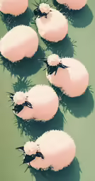 the white sheep are laying on the green ground
