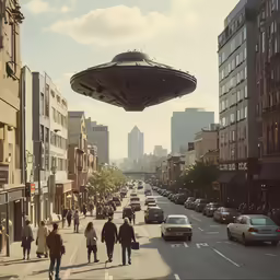 people walking down the street below a strange object