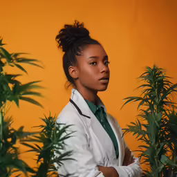 a woman standing next to a plant with her arms crossed