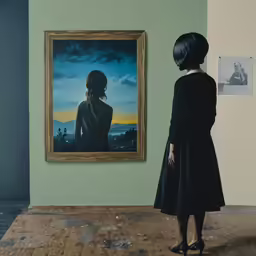 a woman in front of a painting stands at the beginning of a photo by himself