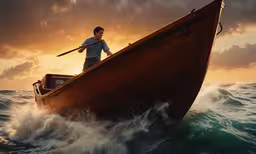 the man is riding on the back of a boat in the ocean,the man is on the boat looking at the water