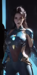 this woman is dressed in blue and gold with her arms extended