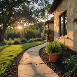 a path leads to the back of the house