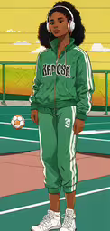a person wearing headphones standing on a tennis court,an image of a girl standing in front of a tennis court