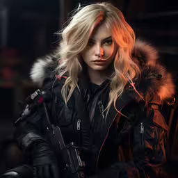a blonde woman with fur coat holding gun in one arm,an attractive young blonde woman wearing black is posing for a photograph