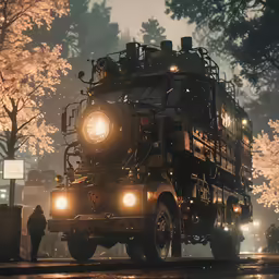 a large truck on the side of the road in front of a crowd