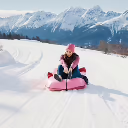a woman is being pulled down a snowy hill on a pink snowmobile