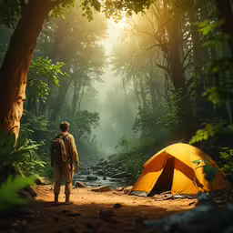 a man stands next to a tent in the woods,a person standing in the middle of the forest