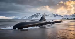 a submarine in water with mountains behind it