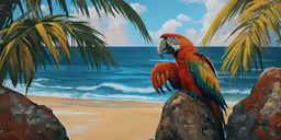 a large parrot standing on top of a rock near palm trees