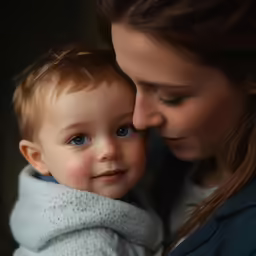 a woman and baby are looking at something