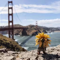 a planter sits atop rocks next to the water and bridge