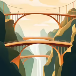 a large bridge above a body of water surrounded by mountains