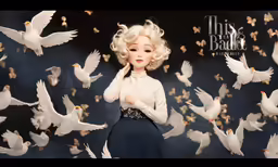 a blonde doll is surrounded by many white birds
