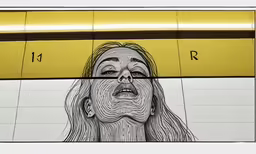 a close up of a very strange drawing on the side of a wall