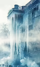 an icy city with a large icicle of water