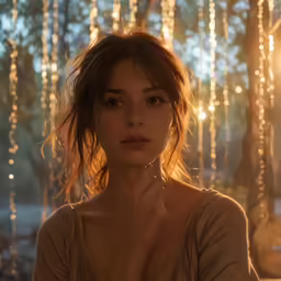 a woman standing near some trees and string lights