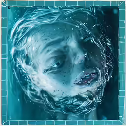 an art print of a person swimming with his head covered in blue water