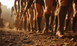 a line of men with poles walking across dirt field