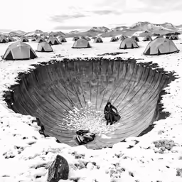 black and white photograph of man in front of an open pit with tents in the snow