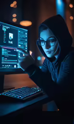 a woman in hoodie using a computer at night
