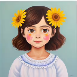 a child with flowers on her head in front of a green background