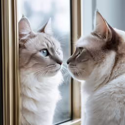 two cats sitting in front of a mirror