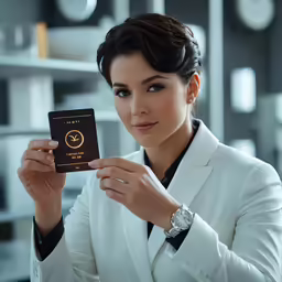 a woman dressed in a white suit holds up her passport