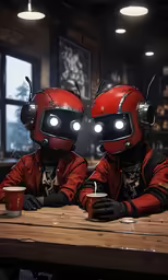 two people dressed as aliens sitting in front of coffee