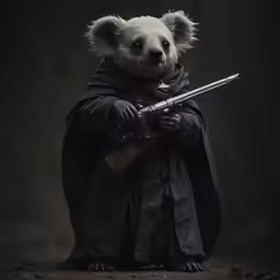 a toy is dressed in a dark outfit holding a gun