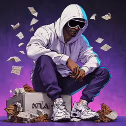 a picture of a man wearing sunglasses sitting on top of a box,a painting of a man wearing sunglasses and a hoodie sitting on top of money