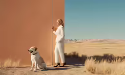 a woman standing next to a brown wall with a dog