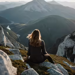 the person is looking down at a mountain range