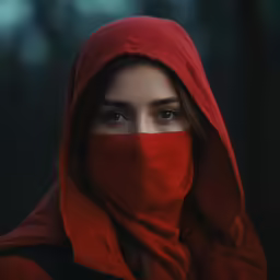 a girl with a red cloth covering her head