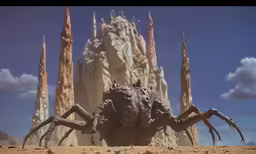a giant spider like creature in front of a mountain of rocks