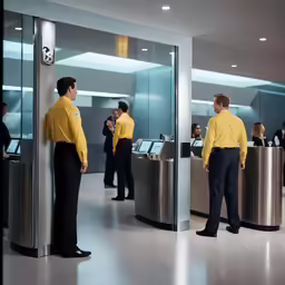 two men wearing yellow shirts are standing in front of a metal elevator